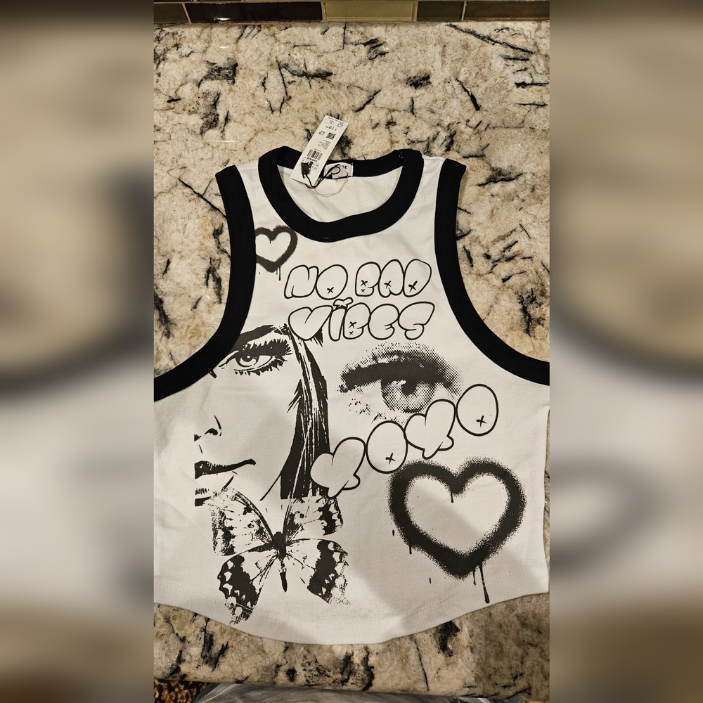 Garage tank top black and white graphic, new with tag